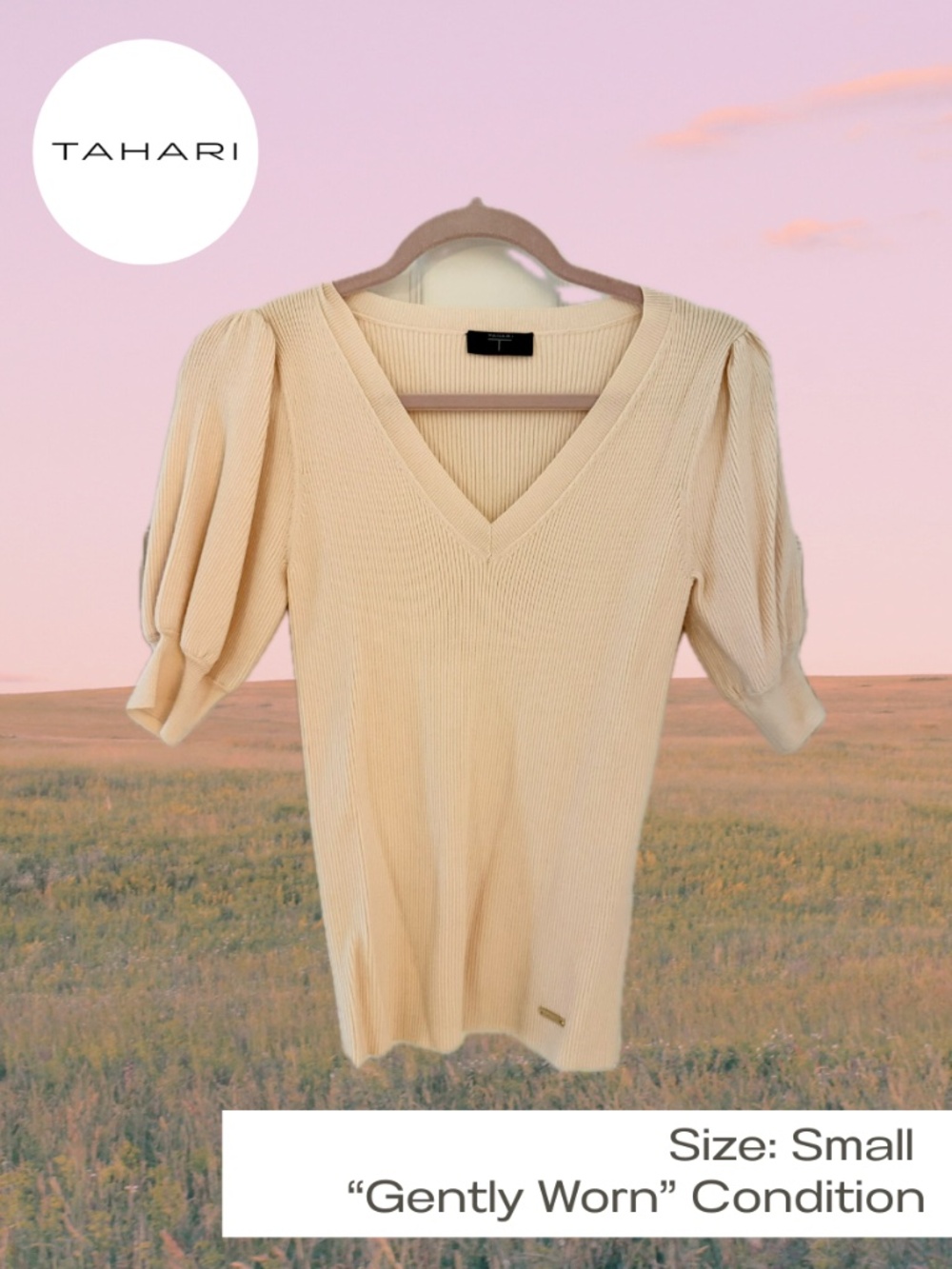T Tahari pink knit puff sleeve top